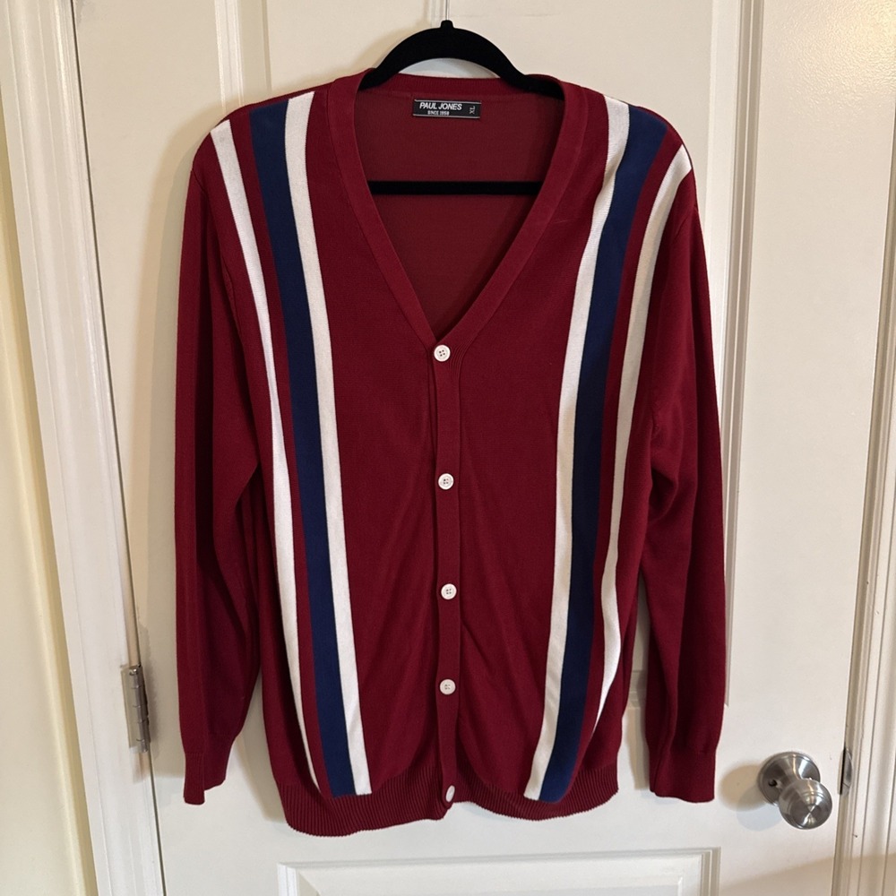 PJ Paul Jones Men's Knit Sweater Cardigan Button Down Maroon Navy White XL Retro